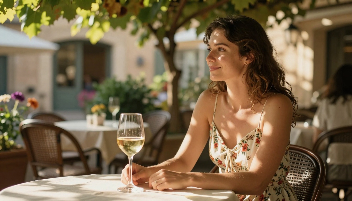 Woman in delicate floral sundress at outdoor café, dappled light through vine leaves, relaxed expression