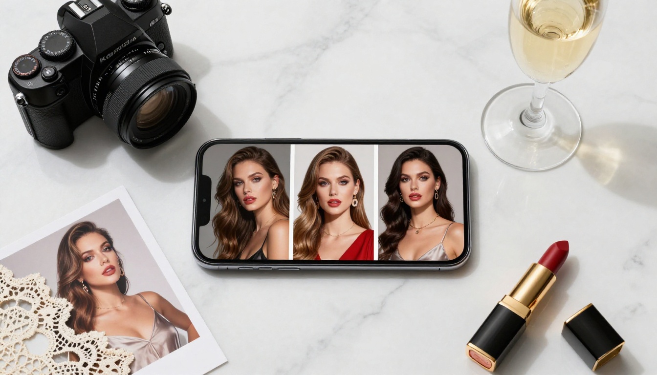 Flat-lay of smartphone with AI interface, film camera, glamour portrait prints, lipstick, champagne on marble