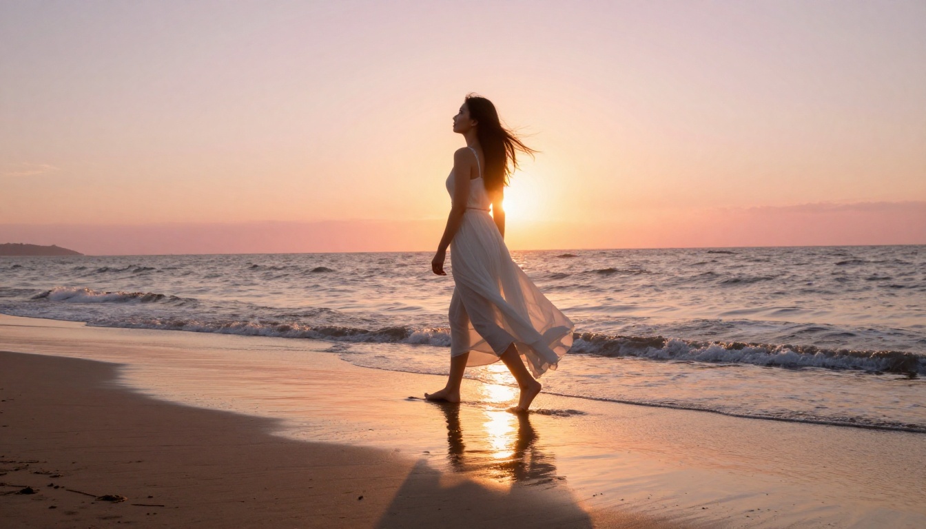 Beach sunset walk — coastal golden hour light