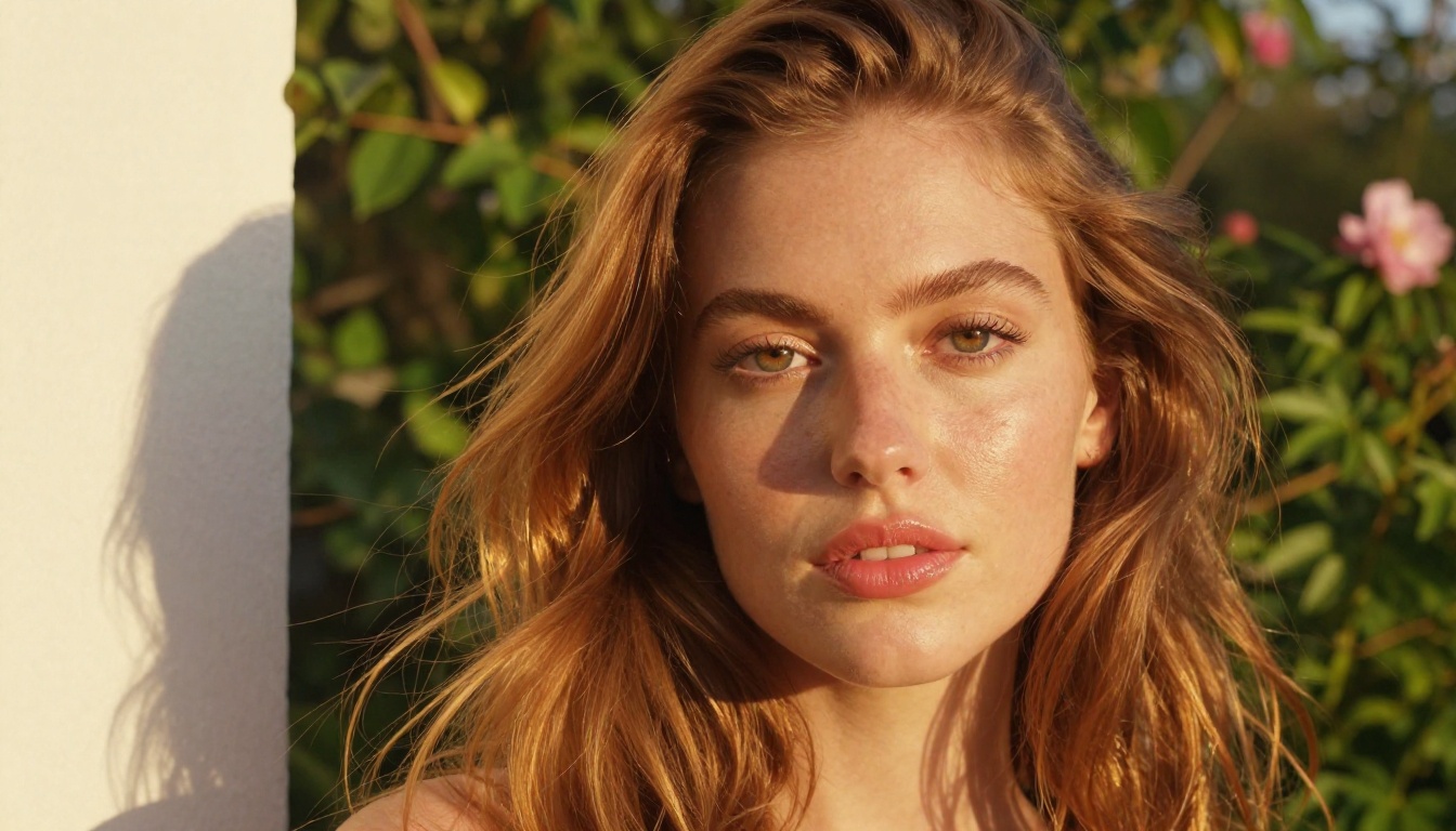 Close-up golden hour portrait woman with natural freckles