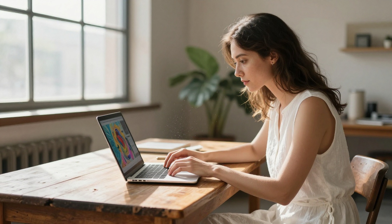 Woman at sunlit studio desk with laptop showing colorful AI art