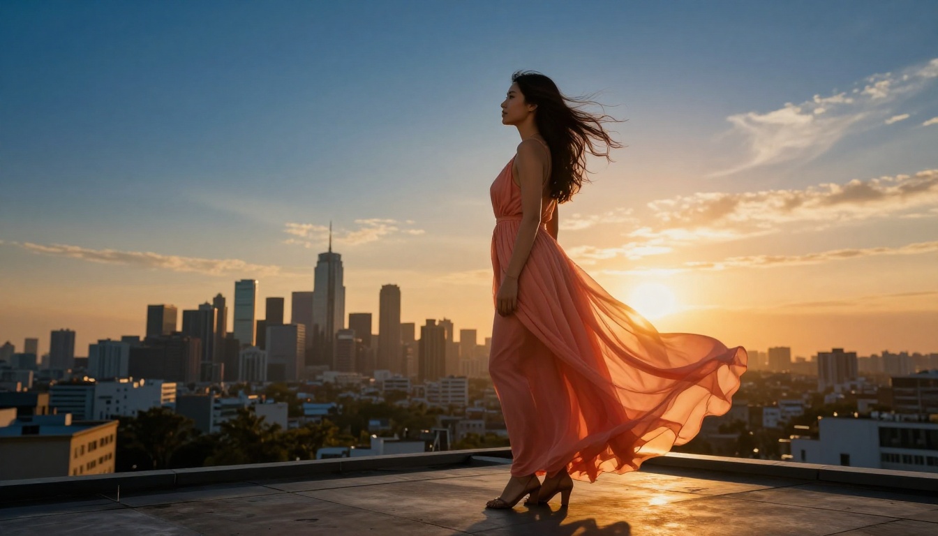Woman in flowing sundress on rooftop terrace at golden hour with city skyline