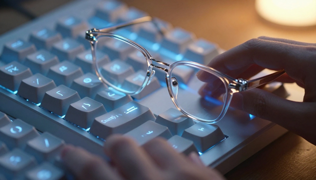 Hands typing on keyboard with glasses in foreground