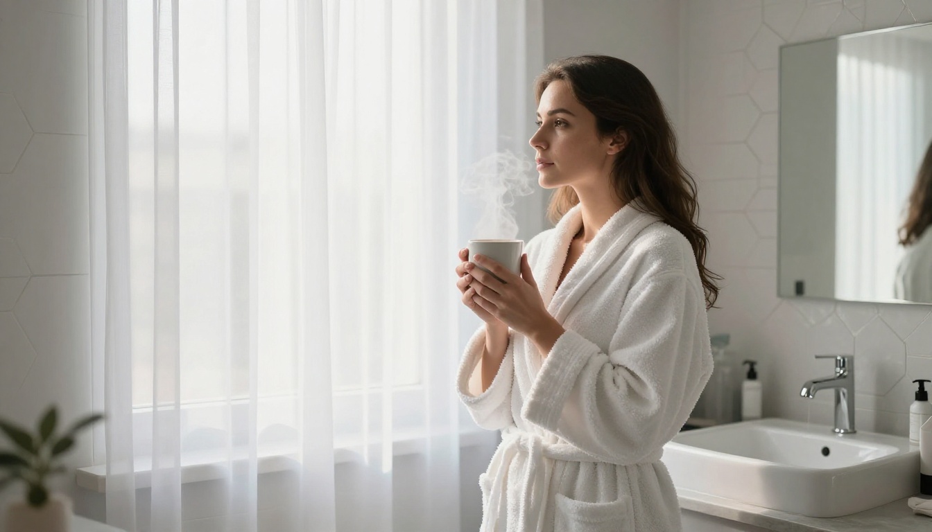 Woman in white robe with coffee by bathroom window in morning light