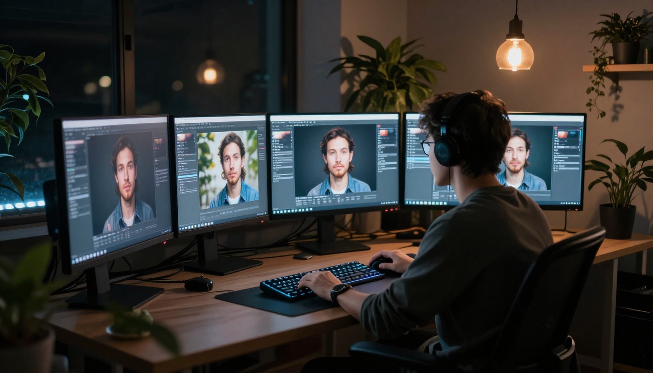 Multi-monitor creative workstation with AI generation software
