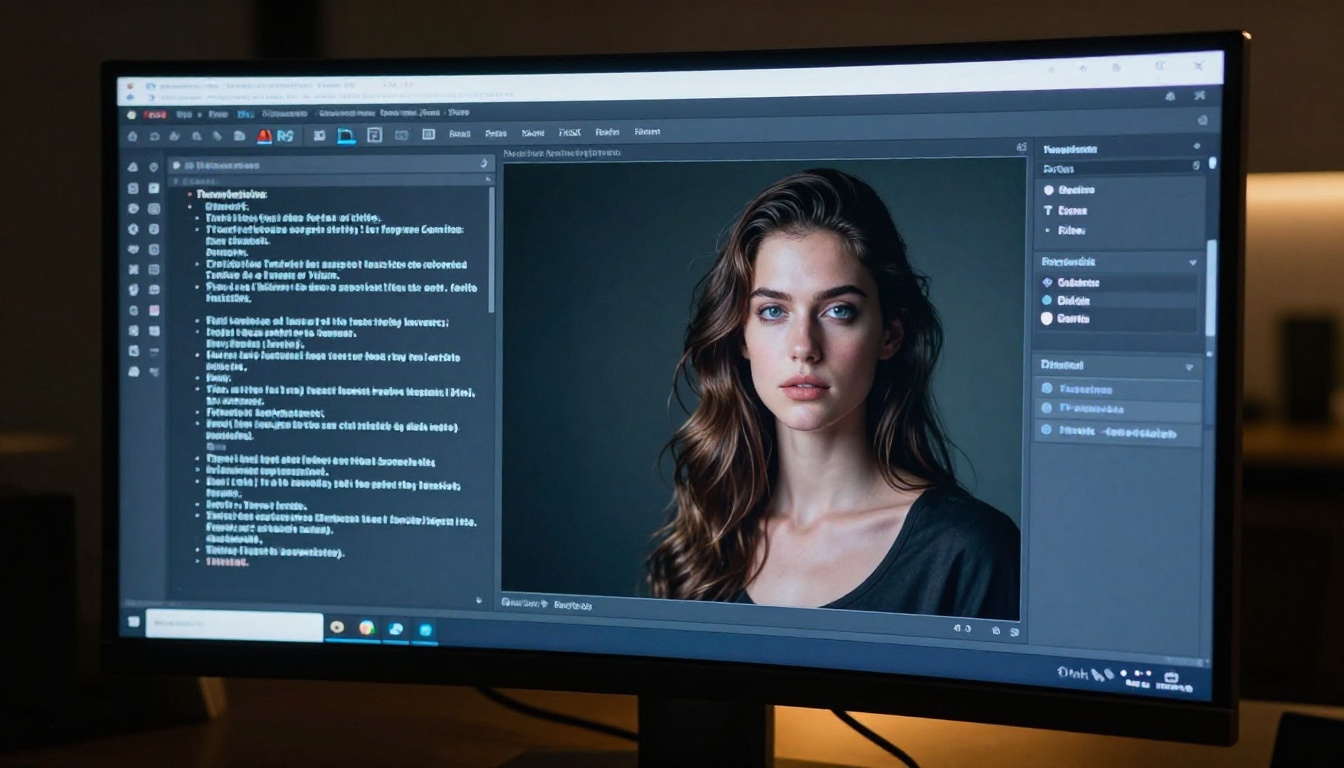 AI generation interface on monitor in dark studio