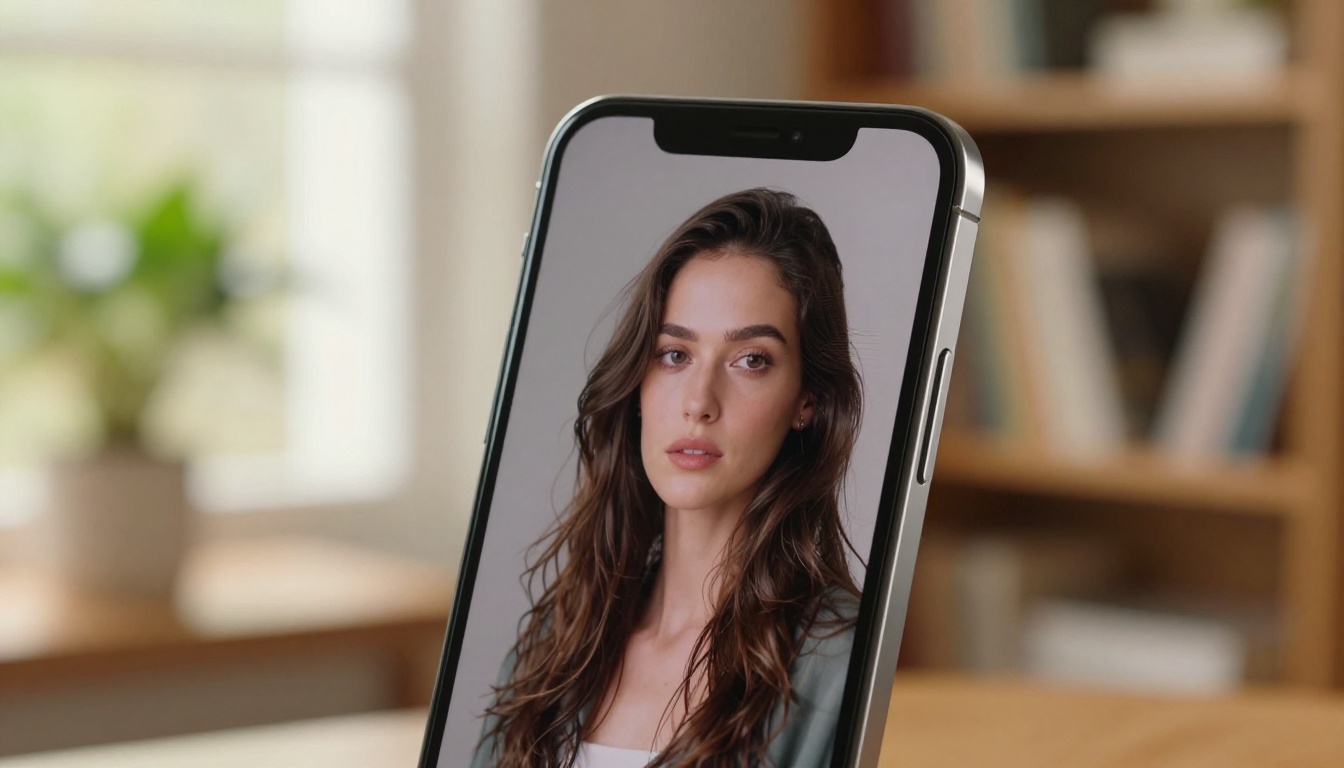 Smartphone displaying AI-generated portrait in warm creative studio setting