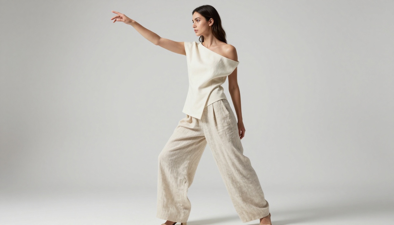 Woman in asymmetric cream top fashion editorial pose in white studio