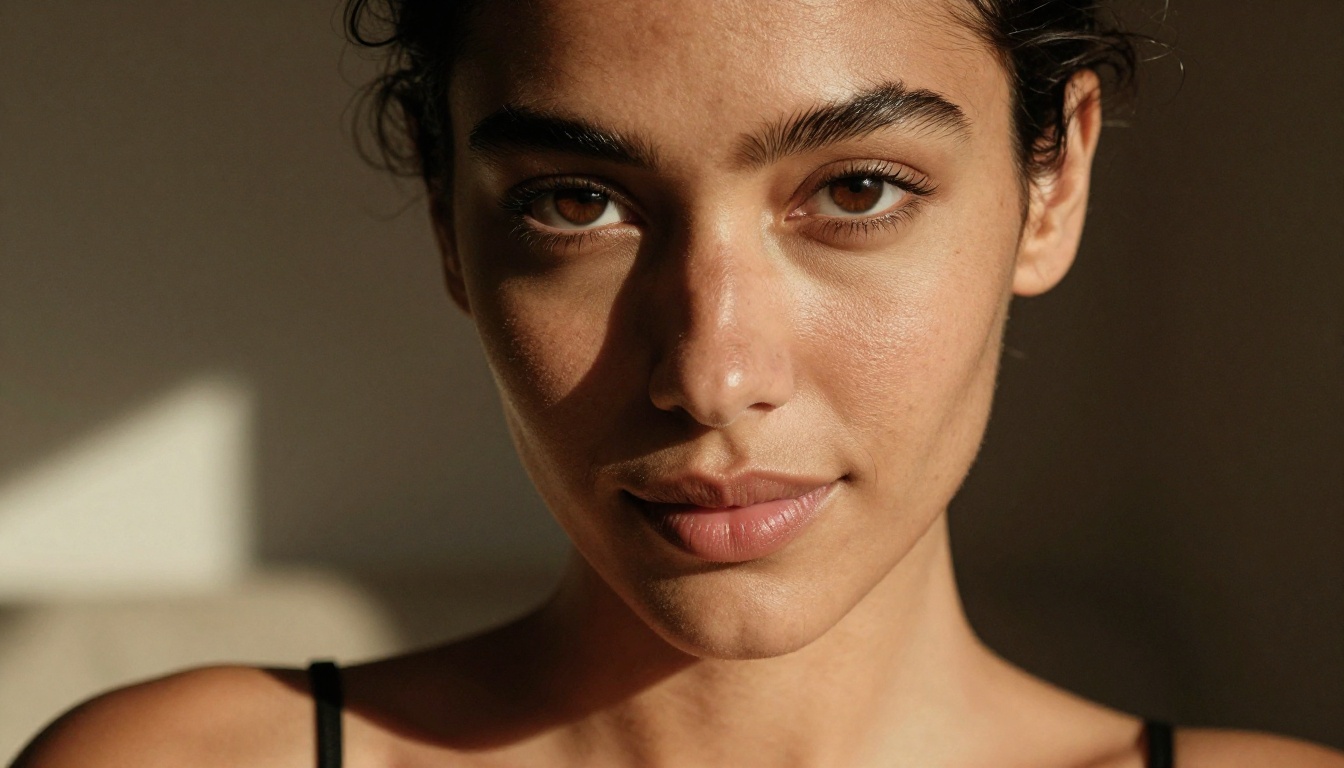 Close-up portrait of a dark-haired woman with chiaroscuro lighting and Kodak Portra film tone