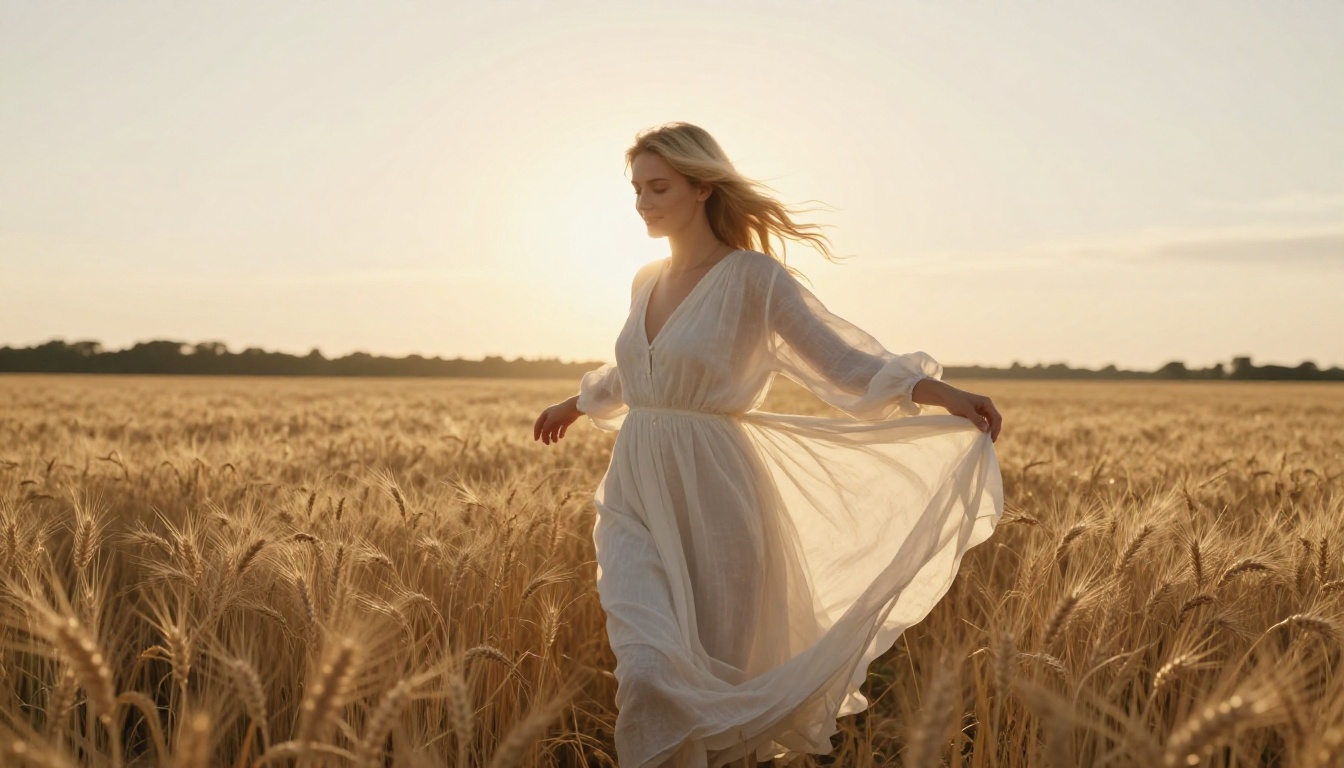 Woman with champagne hair in a flowing sheer linen dress in a sunlit wheat field at golden hour