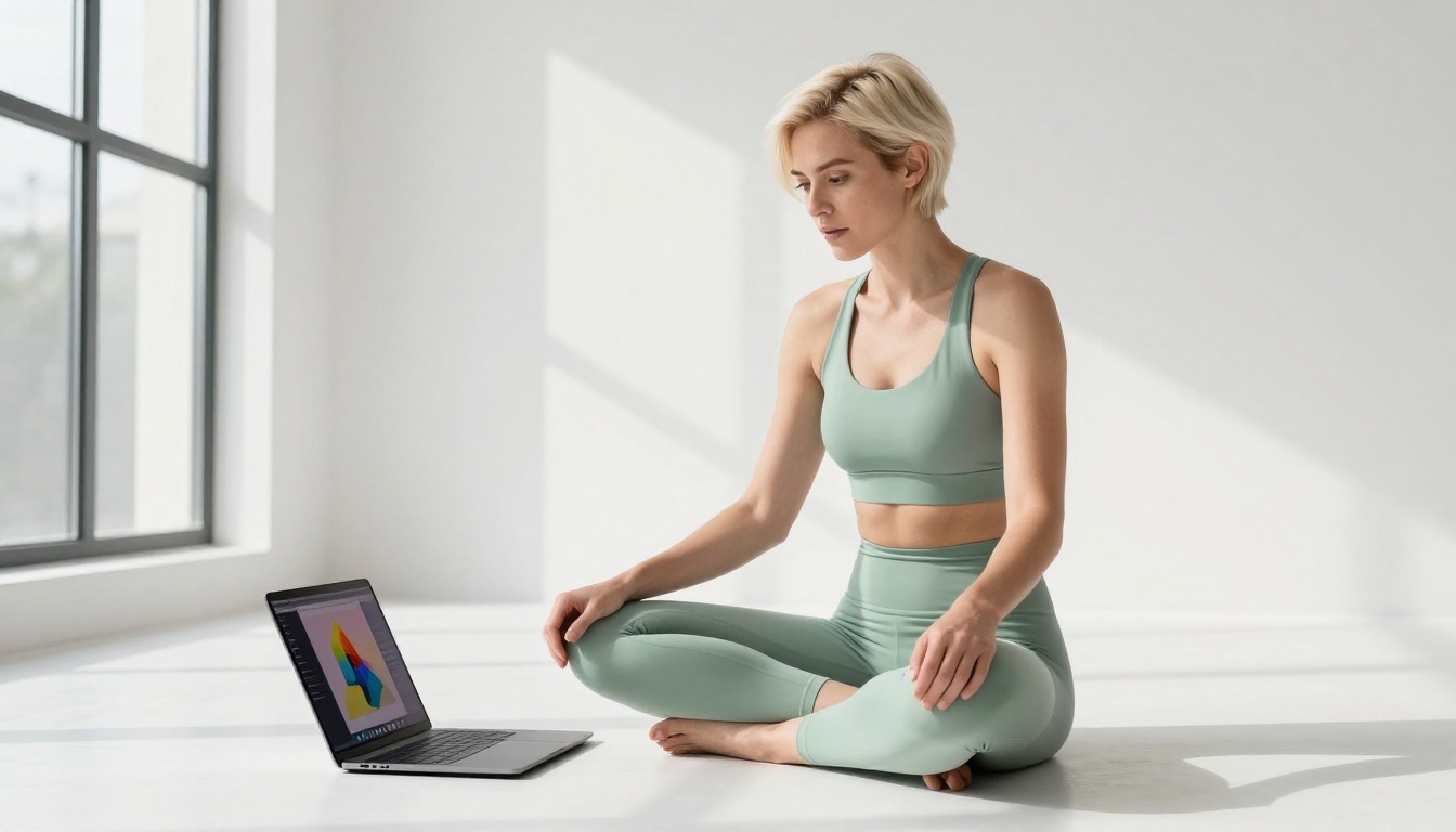 Platinum blonde woman sitting cross-legged on a white studio floor with an AI generation interface on her laptop