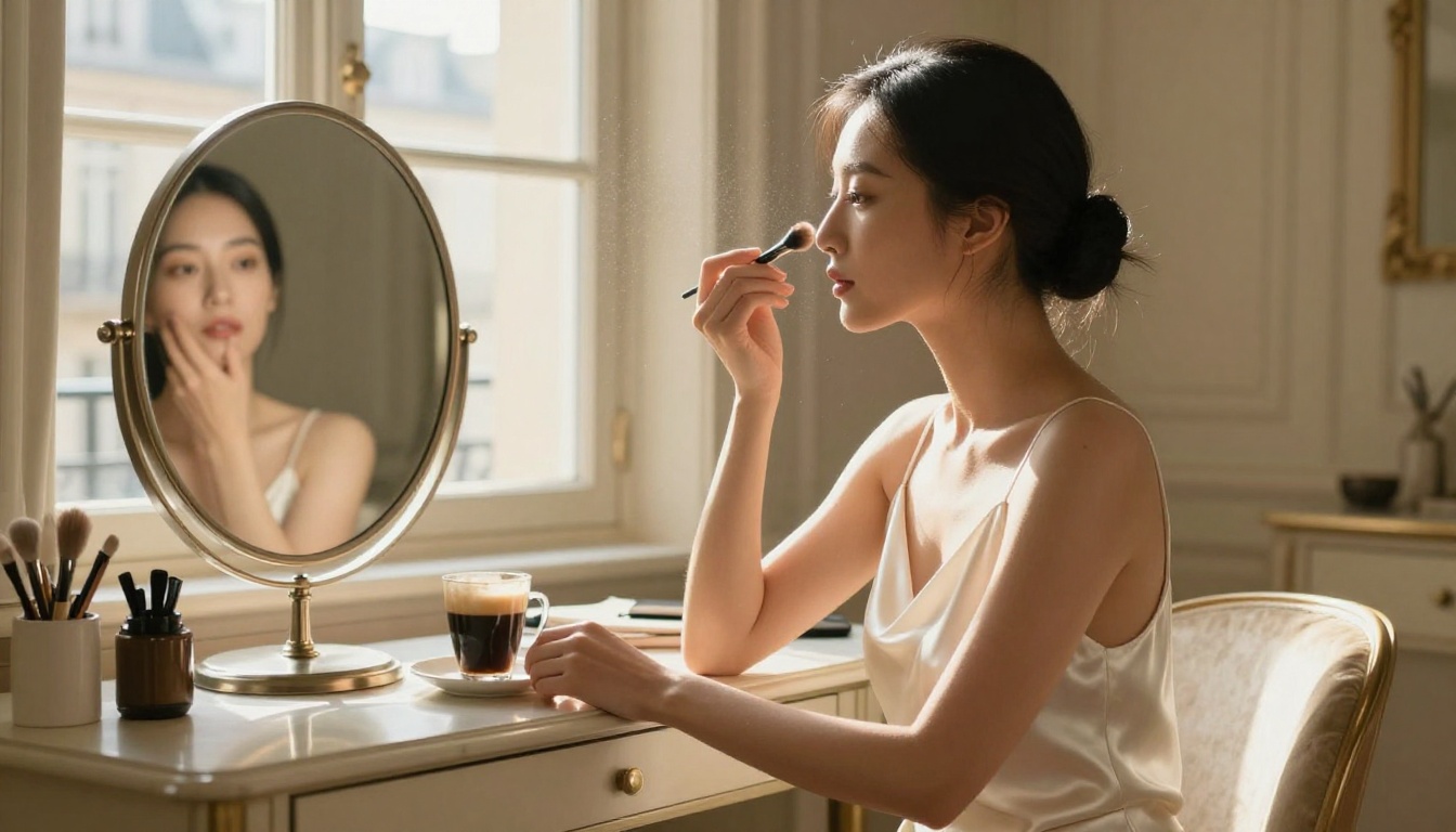 Asian woman at a vanity table in a bright Parisian apartment wearing a silk slip dress in morning light