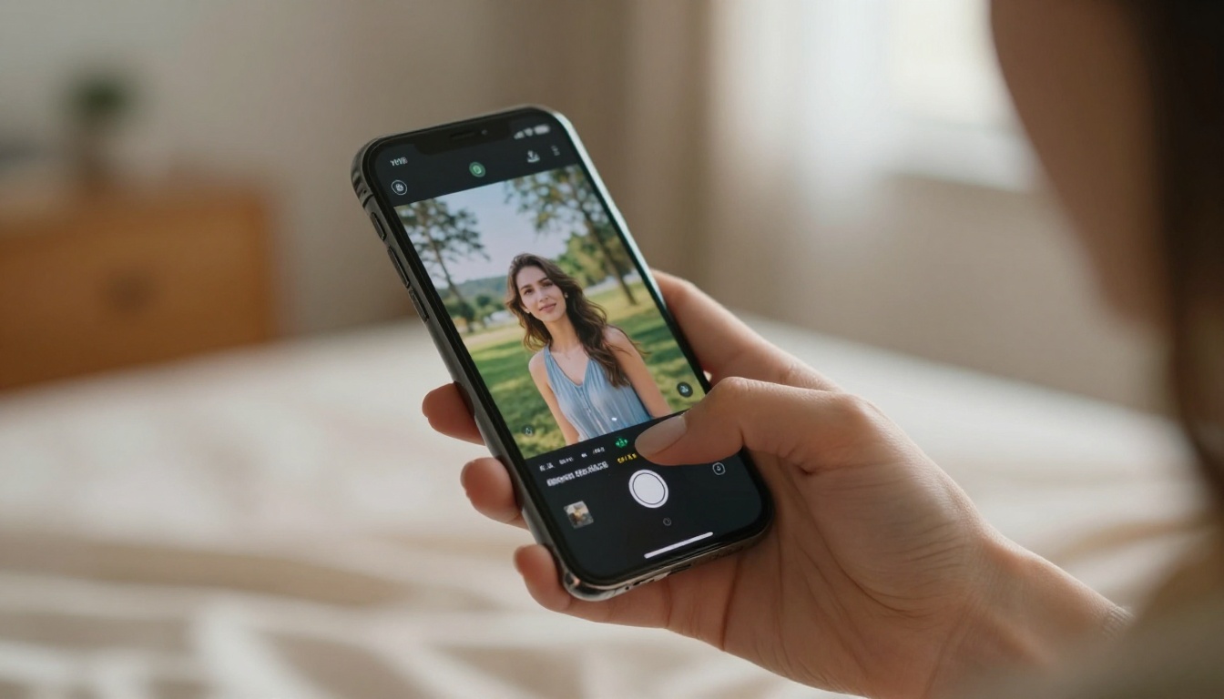 Close-up of a woman's hand holding a smartphone with an AI generation app open, warm bedroom bokeh background
