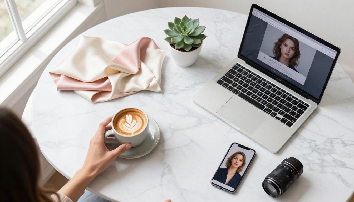Overhead flat-lay of a white marble desk with a laptop showing an AI image website, latte art coffee, and rose fabric swatches
