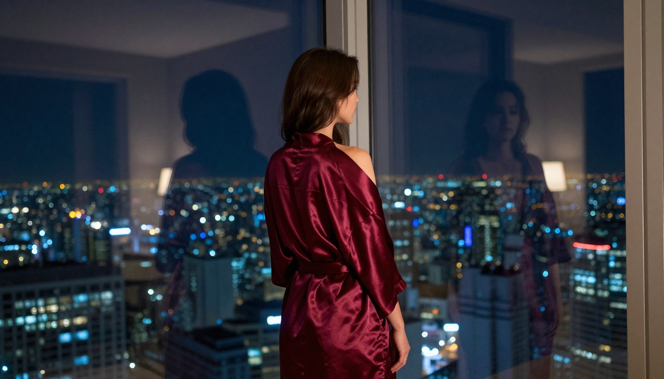 Woman in a deep wine-red silk robe at a penthouse window overlooking city lights at night, her reflection in the glass
