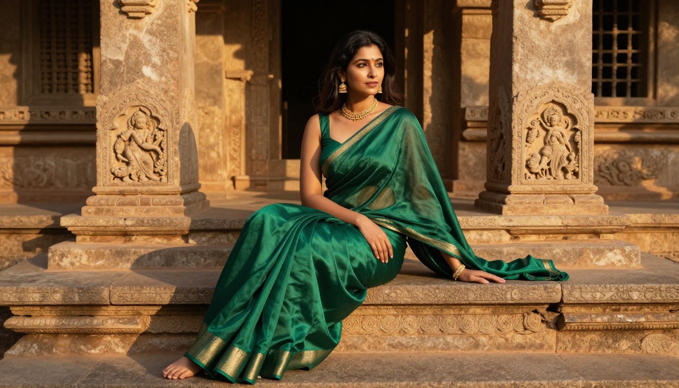 Indian woman in an emerald silk sari with gold jewelry sitting gracefully on stone temple steps in warm afternoon light
