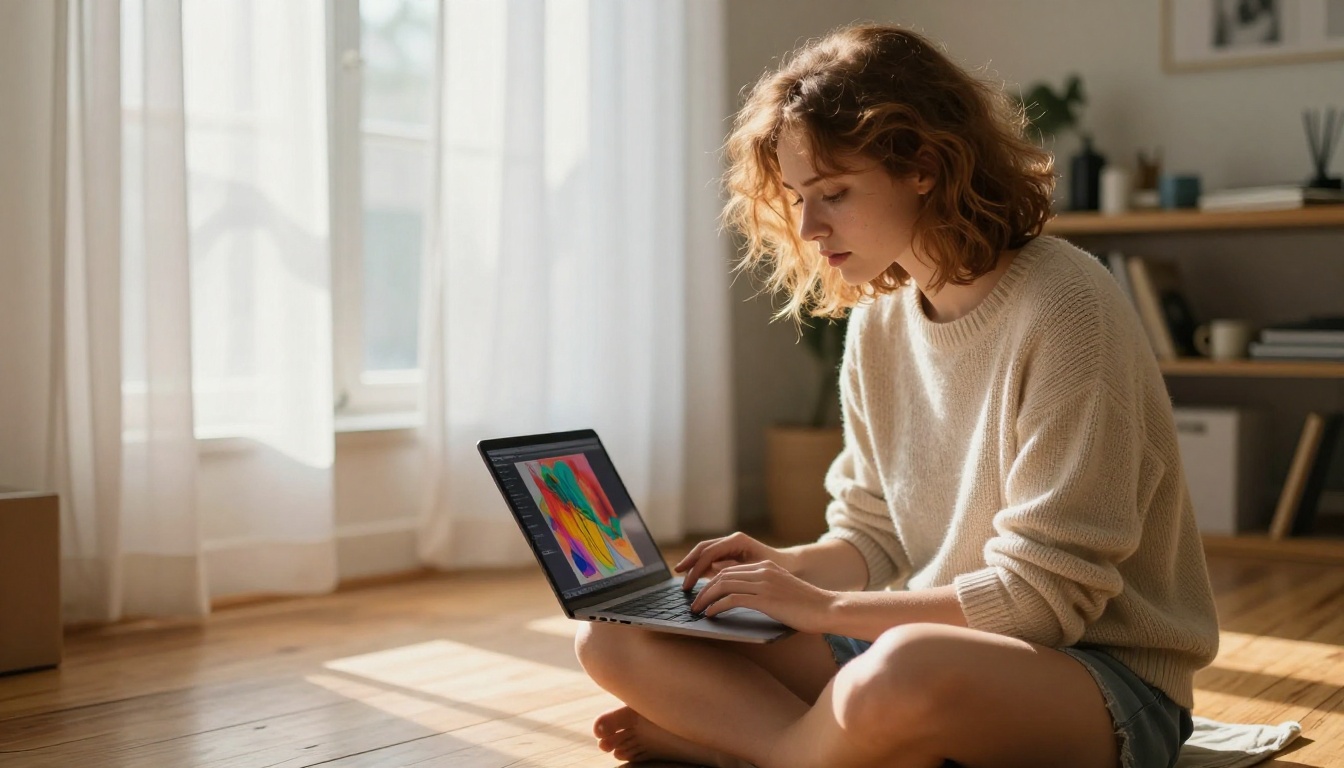 Creative woman with laptop discovering AI-generated art on sunlit wooden floor Creative woman with laptop discovering AI-generated art on sunlit wooden floor