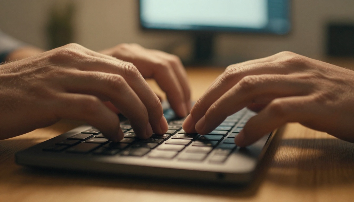Close-up of hands typing rapidly on a slim keyboard suggesting rapid creative work Close-up of hands typing rapidly on a slim keyboard suggesting rapid creative work