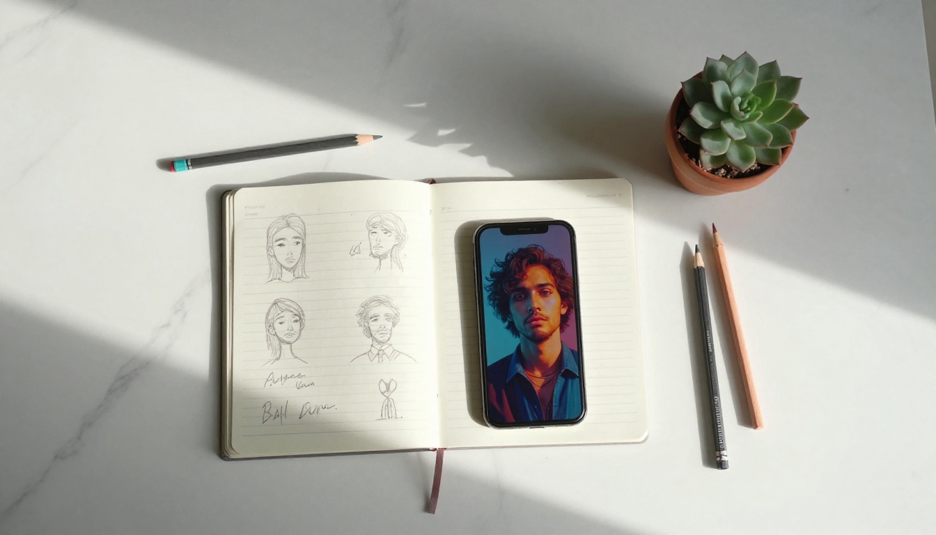 Aerial overhead view of creative workspace with notebook, smartphone, and colored pencils on marble desk Aerial overhead view of creative workspace with notebook, smartphone, and colored pencils on marble desk