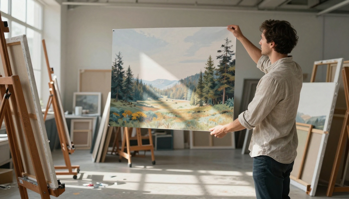 Low-angle shot of photographer holding large AI-generated print in bright art studio with north light Low-angle shot of photographer holding large AI-generated print in bright art studio with north light