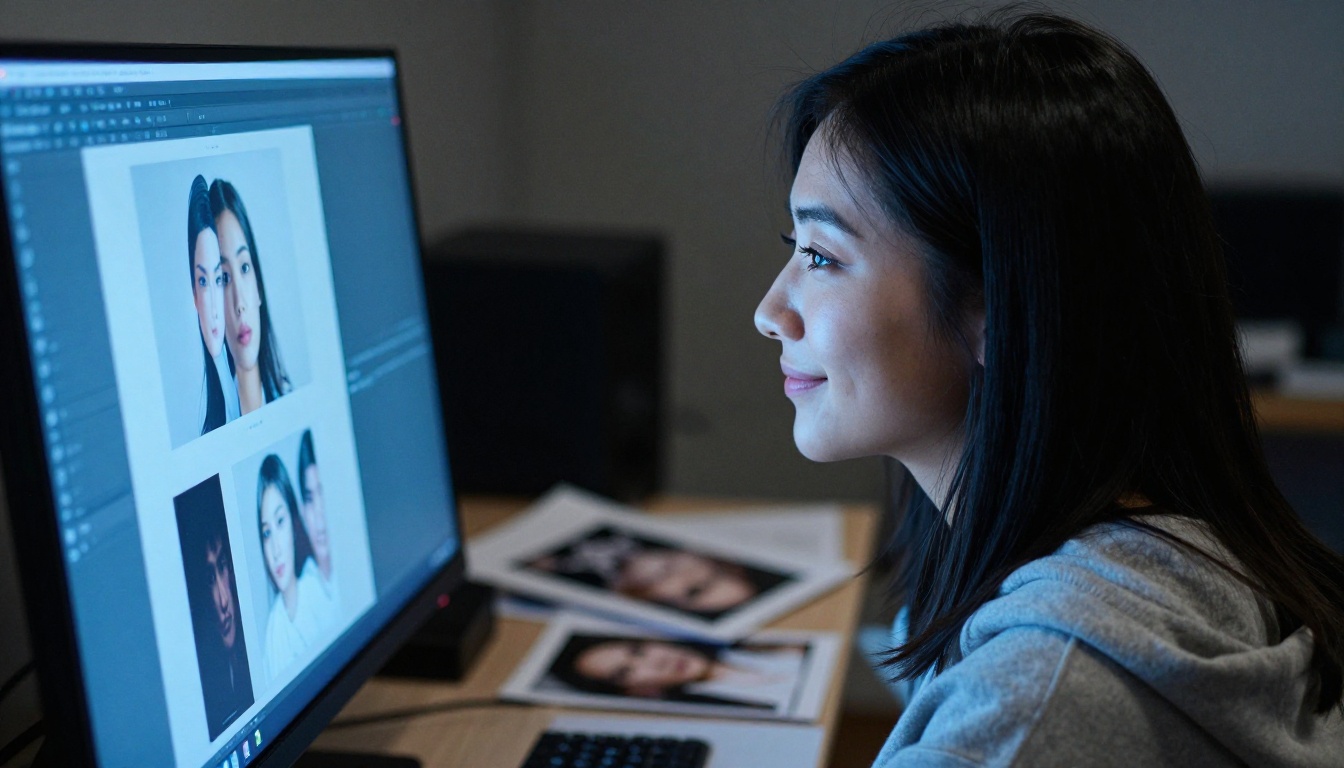 Asian woman in home studio smiling at monitor screen showing AI-generated gallery in dim lighting Asian woman in home studio smiling at monitor screen showing AI-generated gallery in dim lighting
