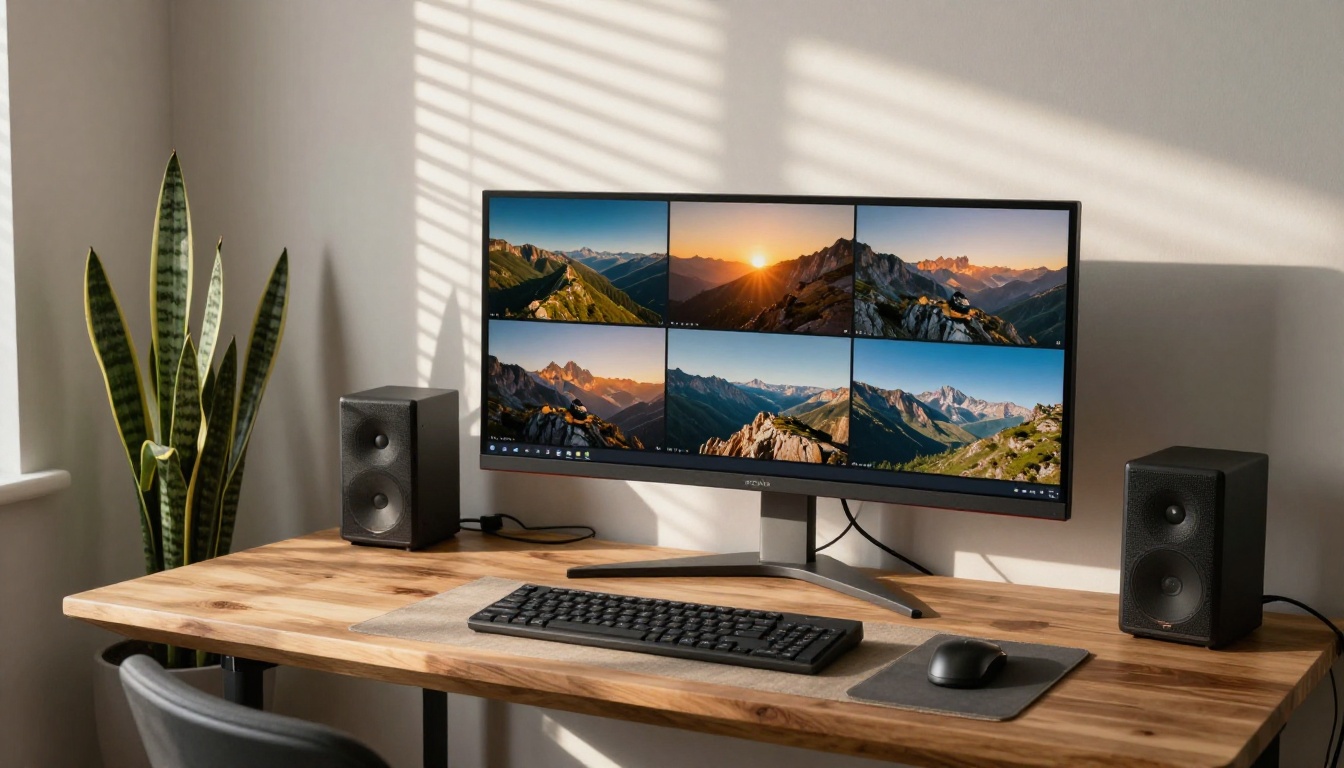 Wide shot of home office monitor displaying grid of stunning AI-generated images with venetian blind shadows Wide shot of home office monitor displaying grid of stunning AI-generated images with venetian blind shadows