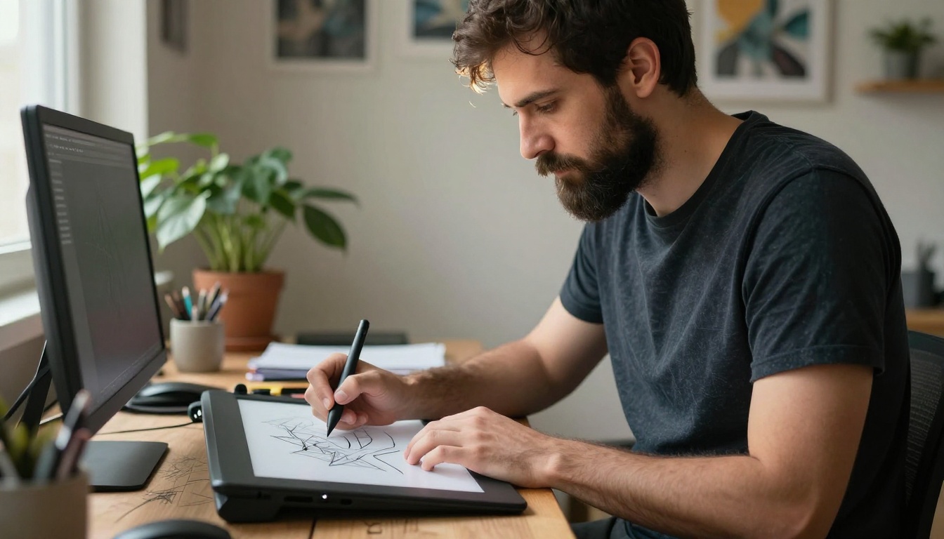 Bearded male digital artist using stylus on drawing tablet at standing desk with diffused window light Bearded male digital artist using stylus on drawing tablet at standing desk with diffused window light