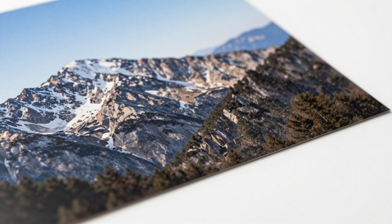 Extreme close-up macro of high-resolution AI landscape print showing paper texture and fine detail Extreme close-up macro of high-resolution AI landscape print showing paper texture and fine detail