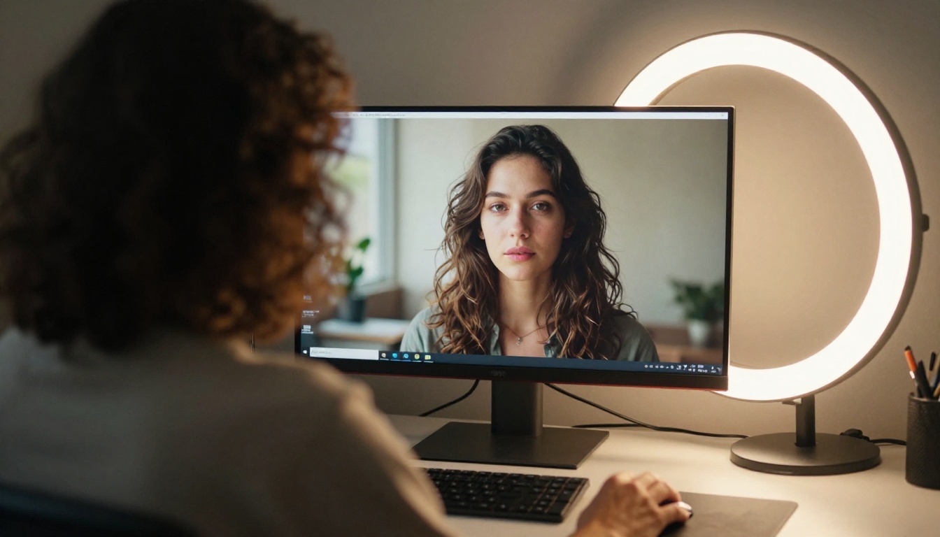 Over-the-shoulder view of woman at desk with monitor showing photorealistic AI portrait in warm light Over-the-shoulder view of woman at desk with monitor showing photorealistic AI portrait in warm light
