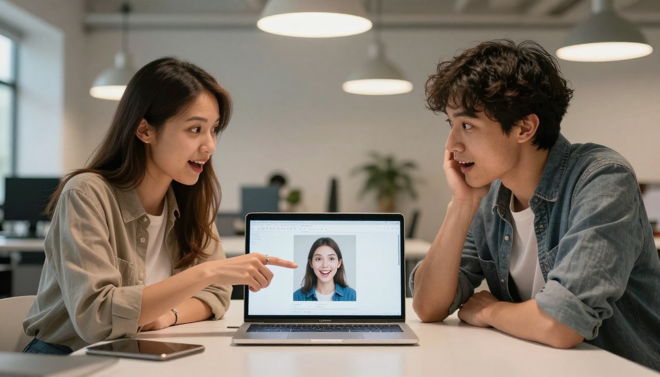 Two creative professionals sharing genuine excitement looking at AI-generated results on a laptop at a co-working desk Two creative professionals sharing genuine excitement looking at AI-generated results on a laptop at a co-working desk