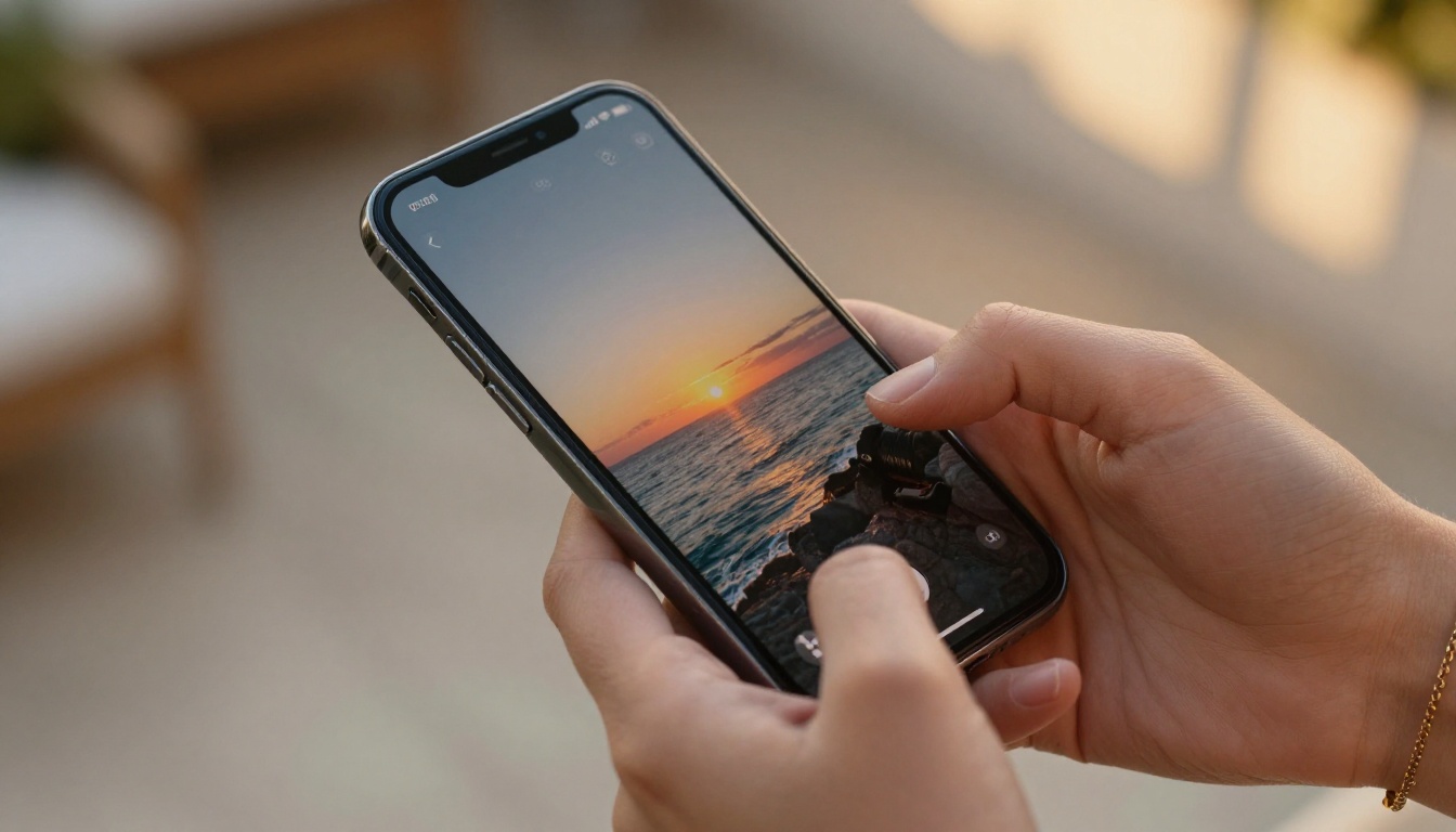 Close-up of smartphone in woman's hand displaying AI-generated sunset seascape on outdoor terrace with golden light Close-up of smartphone in woman's hand displaying AI-generated sunset seascape on outdoor terrace with golden light