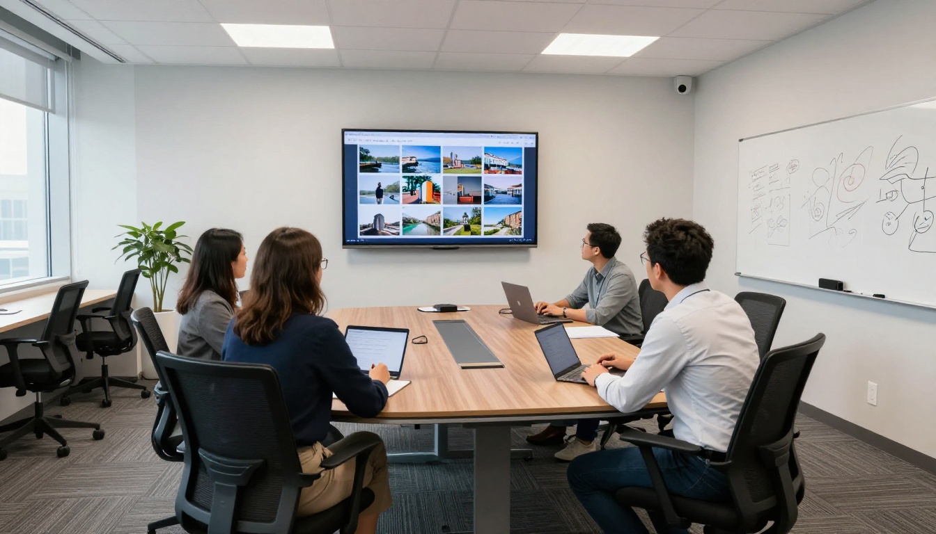 Creative agency team reviewing AI-generated portfolio on large conference room screen with daylight Creative agency team reviewing AI-generated portfolio on large conference room screen with daylight