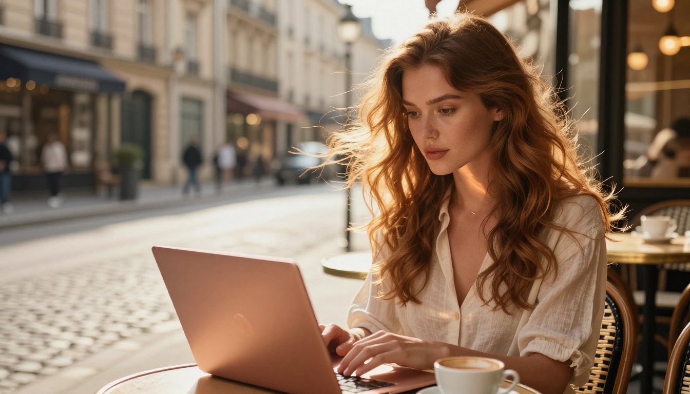 Beautiful woman at Paris café with golden afternoon sun behind her browsing AI-generated art on a rose gold laptop Beautiful woman at Paris café with golden afternoon sun behind her browsing AI-generated art on a rose gold laptop