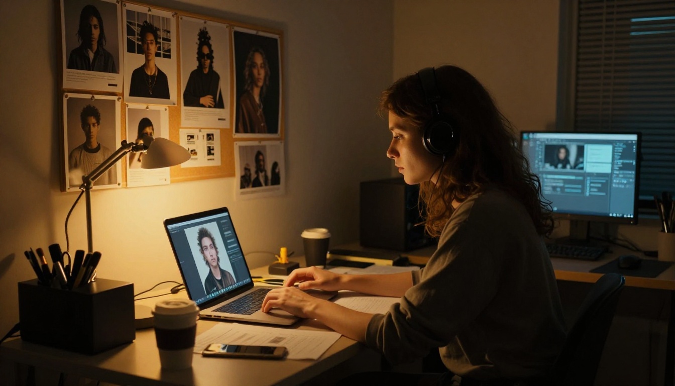 Freelance designer working late at night with dramatic amber lamp and cool monitor blue dual lighting Freelance designer working late at night with dramatic amber lamp and cool monitor blue dual lighting