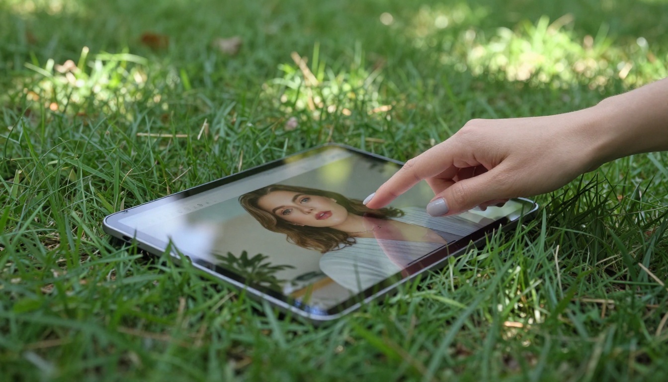 Tablet on lush green park grass with AI-generated portrait displayed, dappled sunlight filtering through tree canopy Tablet on lush green park grass with AI-generated portrait displayed, dappled sunlight filtering through tree canopy