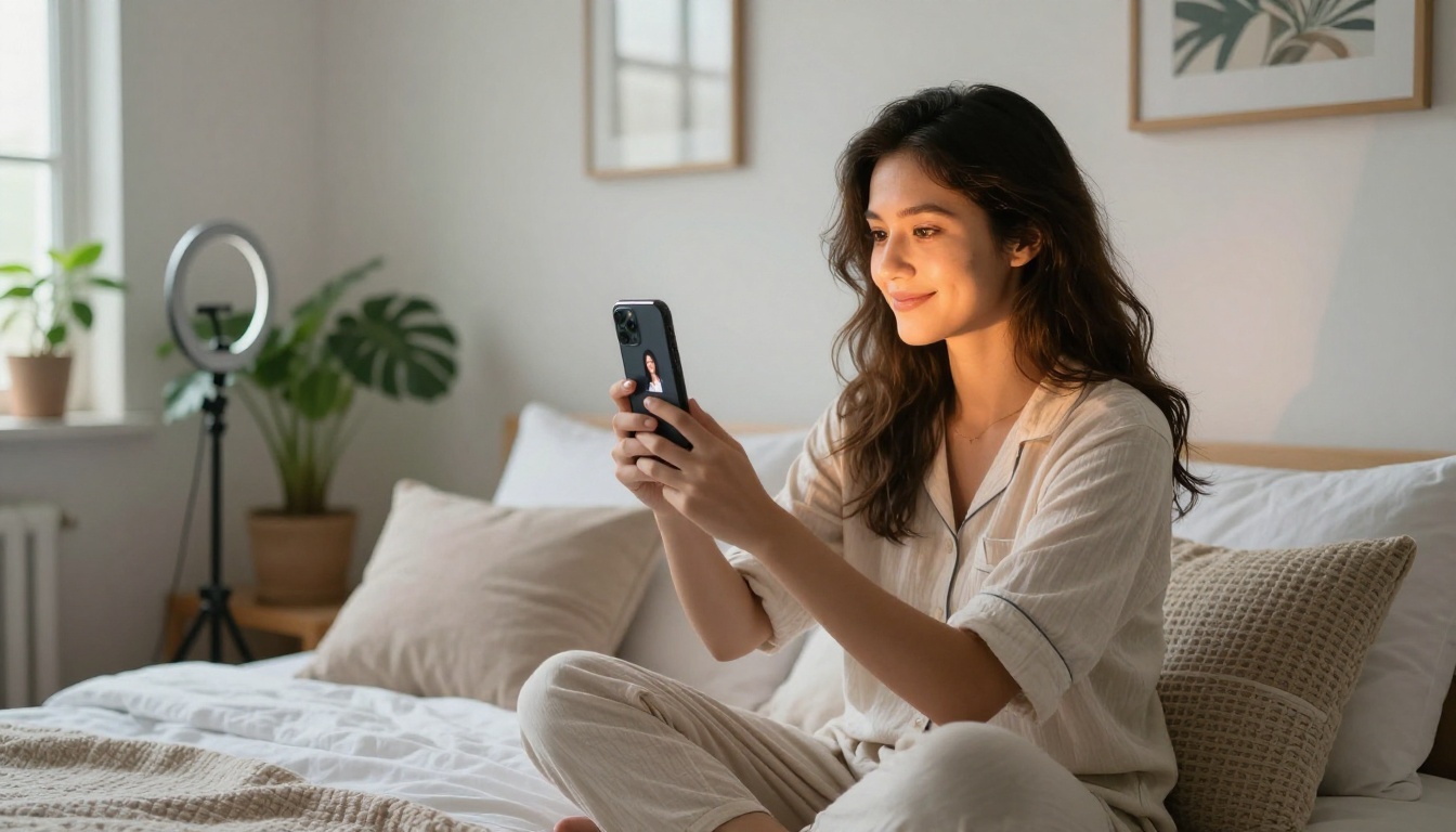 Young content creator sitting on bed photographing AI-generated images with ring light and natural morning light Young content creator sitting on bed photographing AI-generated images with ring light and natural morning light