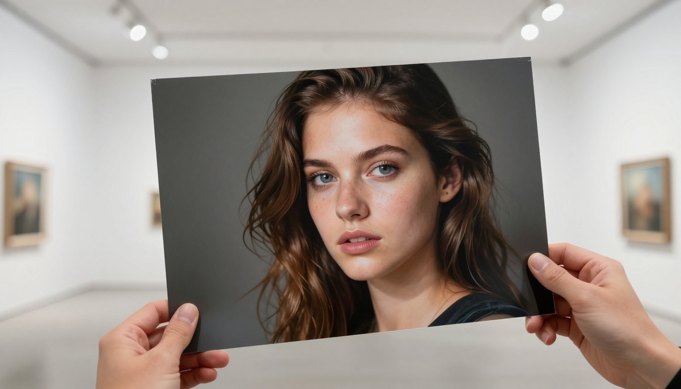 Fine art AI-generated portrait print held in gallery white cube space with track lighting above Fine art AI-generated portrait print held in gallery white cube space with track lighting above