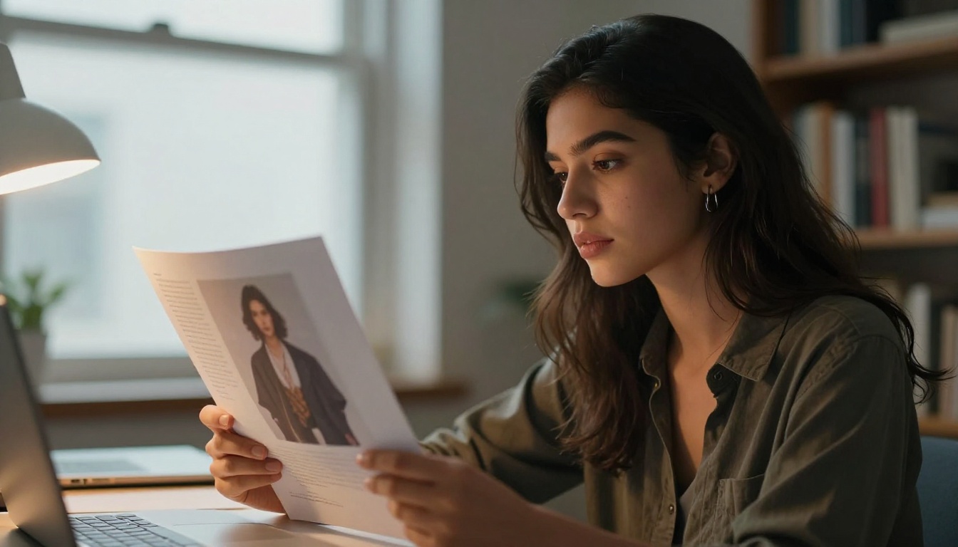 Latina creative professional studying printed AI fashion photograph at desk with warm amber and cool daylight split lighting Latina creative professional studying printed AI fashion photograph at desk with warm amber and cool daylight split lighting