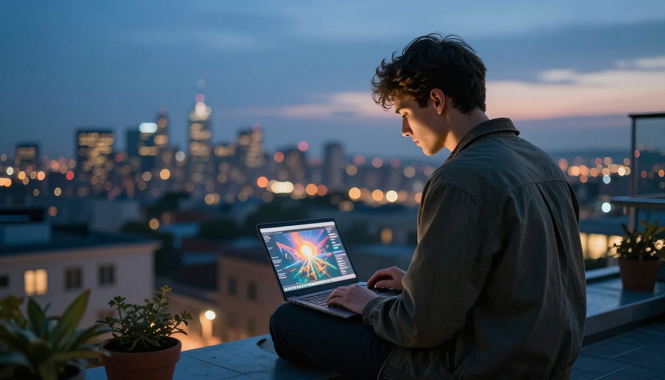 Young man on rooftop terrace at blue hour with city skyline bokeh in background and laptop showing vivid AI-generated image Young man on rooftop terrace at blue hour with city skyline bokeh in background and laptop showing vivid AI-generated image
