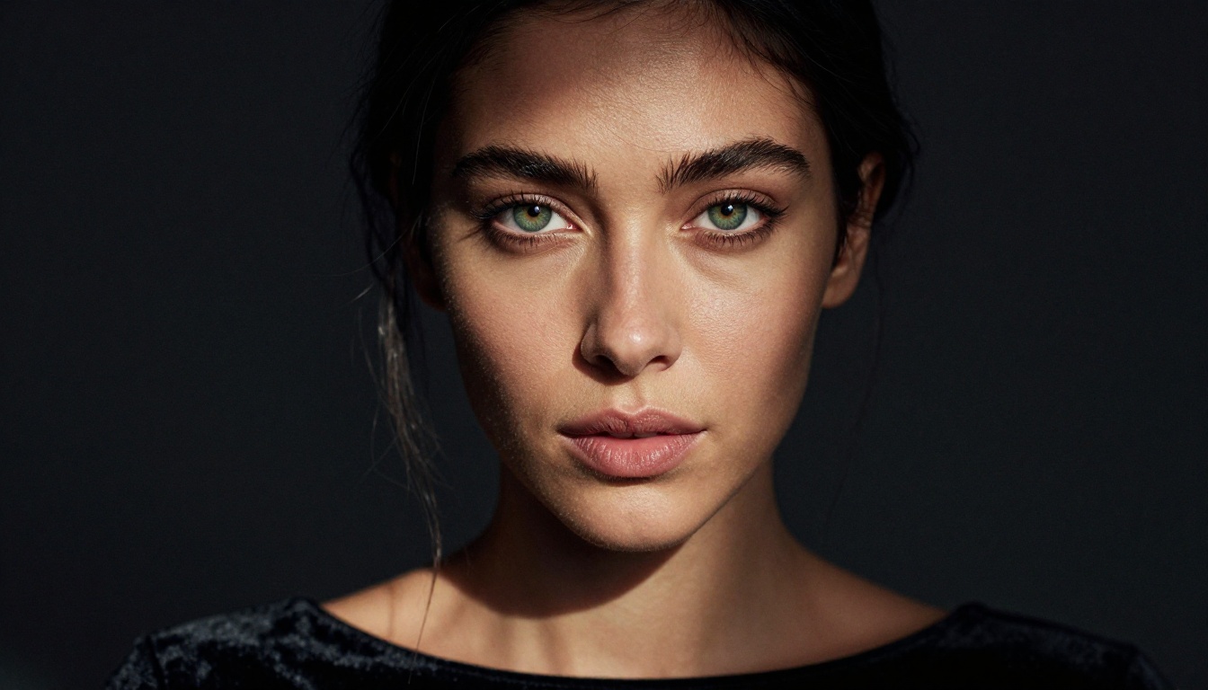 Dramatic artistic close-up portrait with Rembrandt lighting, striking green eyes, black velvet top Dramatic artistic close-up portrait with Rembrandt lighting, striking green eyes, black velvet top