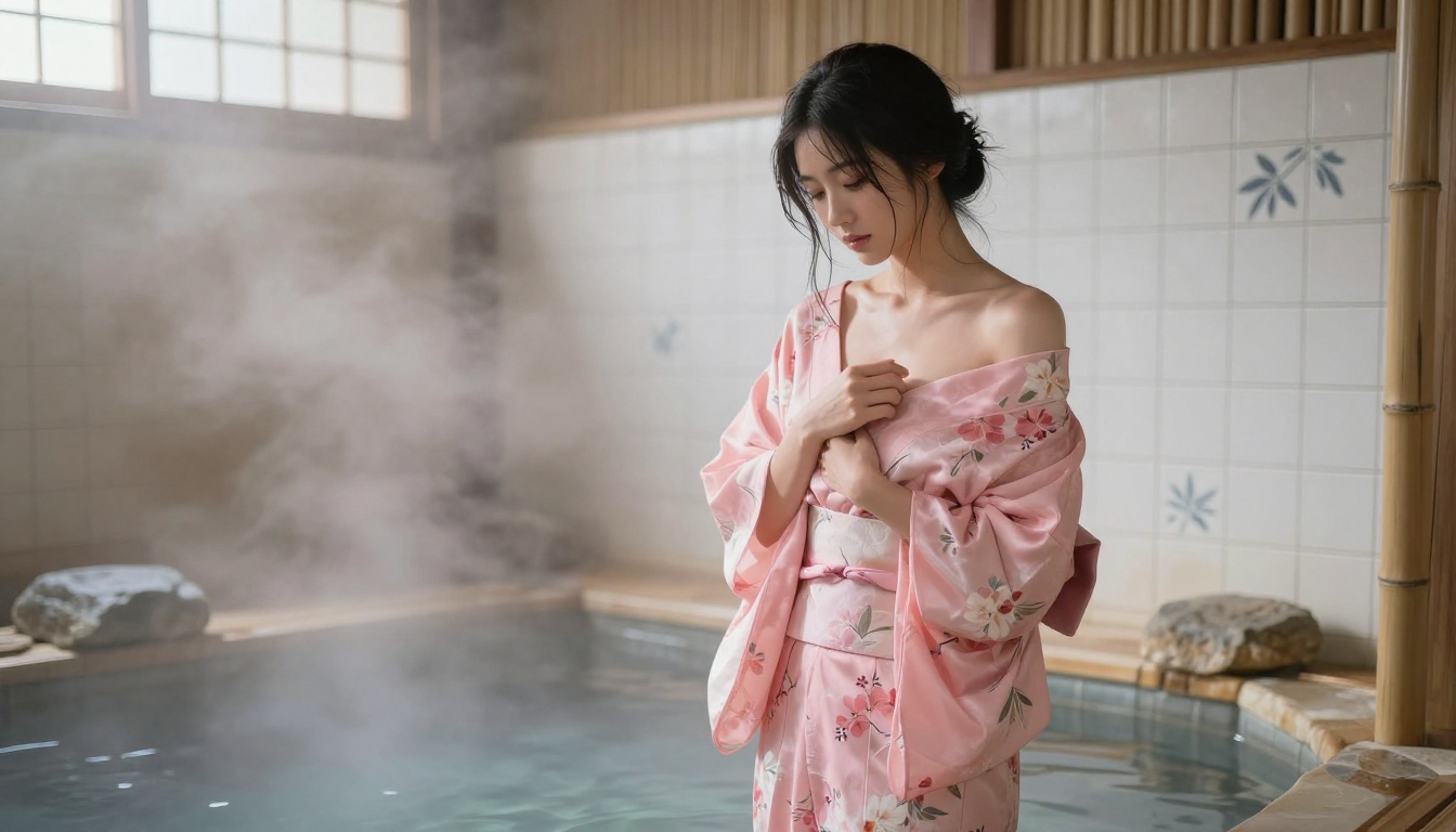 Beautiful Asian woman in delicate pink floral kimono at traditional Japanese onsen bathroom, steam rising