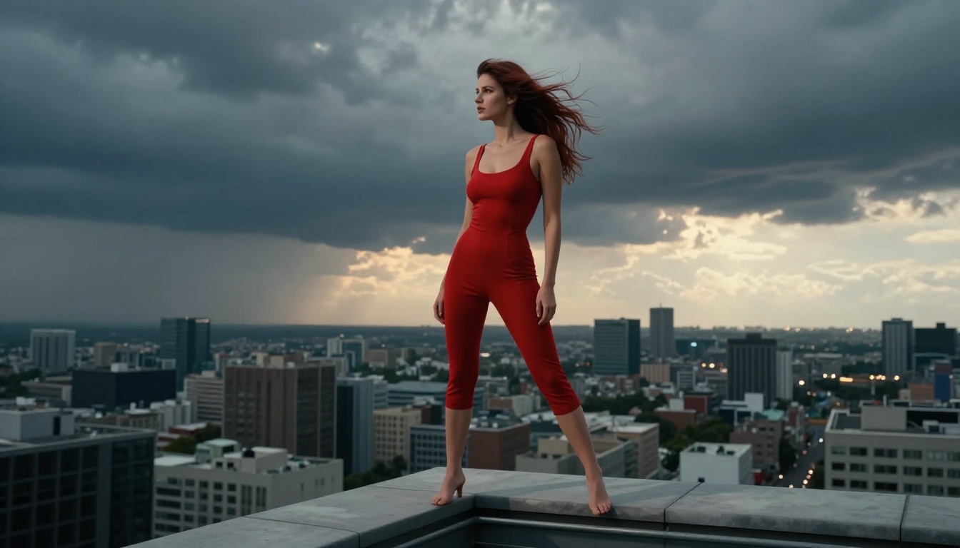 Striking woman in body-hugging red bandage dress on a skyscraper rooftop, stormy city sky