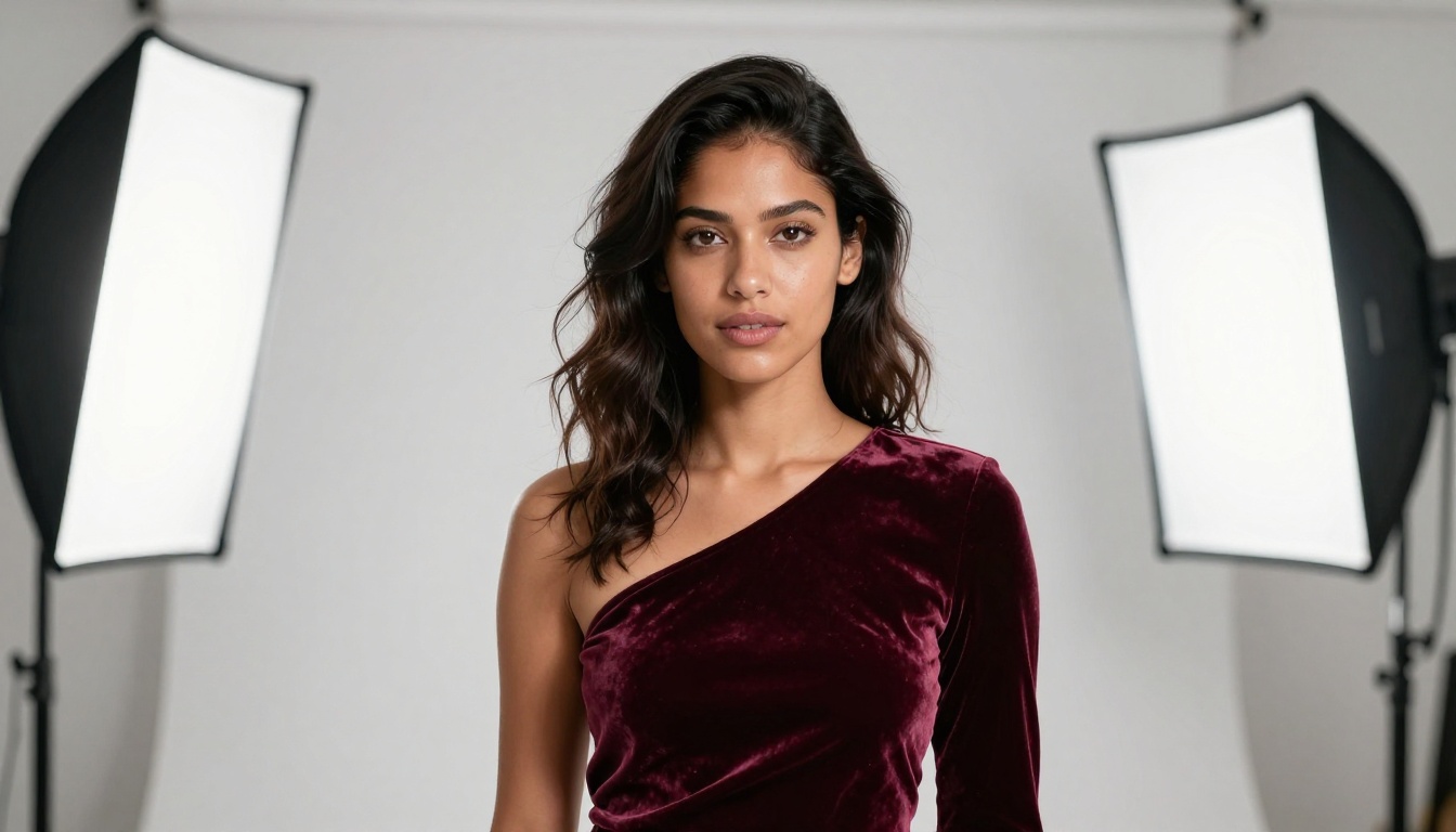 Editorial photograph of a confident woman in a professional studio setting with warm amber lighting and deep burgundy velvet top