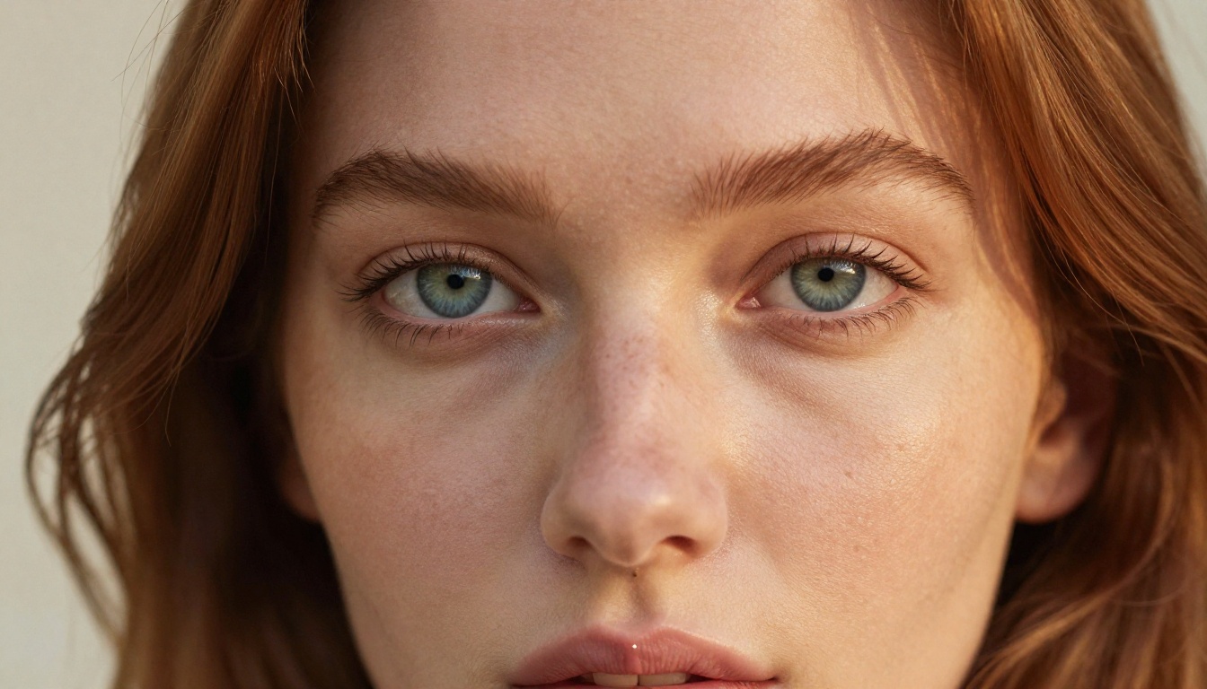 Close-up portrait with photorealistic skin texture, piercing blue-green eyes, freckles, and warm afternoon light