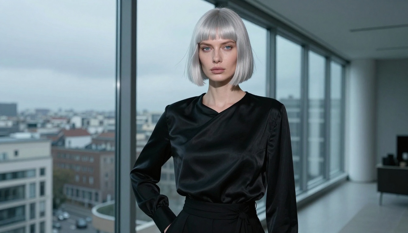 Woman with ice-blue eyes and platinum blunt bob in sleek black silk blouse by floor-to-ceiling windows with overcast European city view