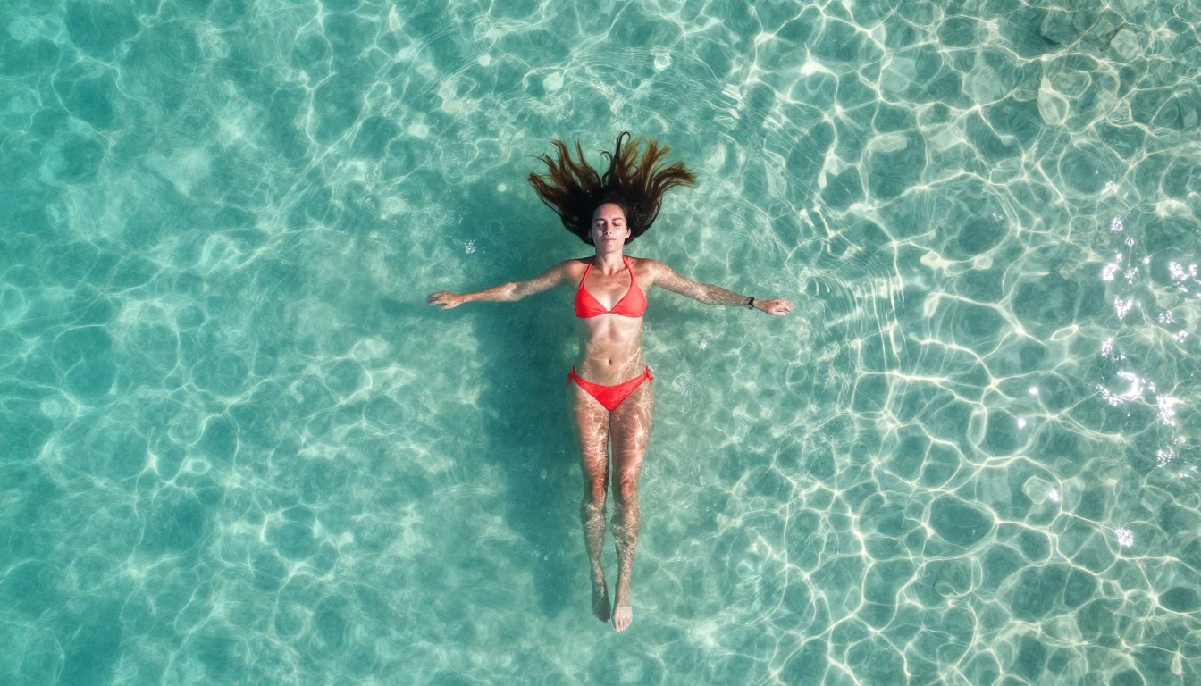 Aerial overhead drone shot of woman in coral-red bikini floating in crystal-clear turquoise tropical lagoon with sand ripple patterns