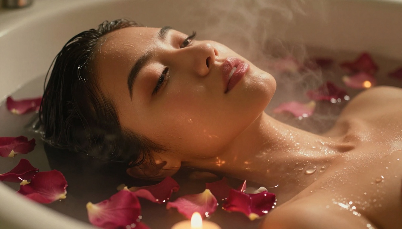 Woman with dark lashes and full lips emerging from steaming rose-petal bath, candlelight reflections on glowing wet skin