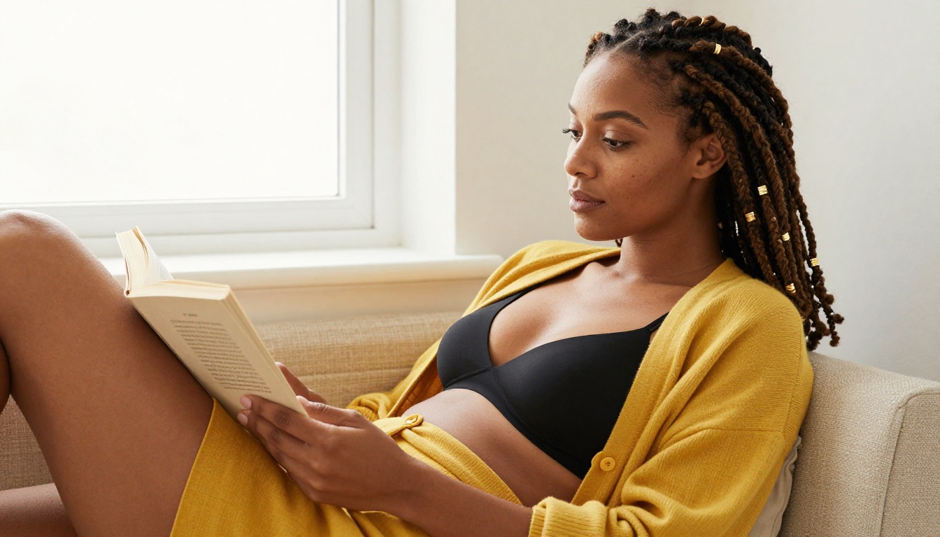 Woman with warm honey-brown skin and natural locs adorned with gold cuffs reading by a bright diffused morning window