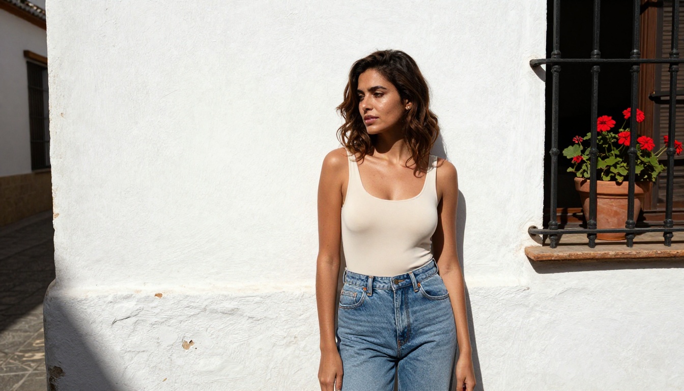 Woman in fitted ivory bodysuit and vintage denim leaning against sunlit Andalusian plaster wall with geranium balcony above