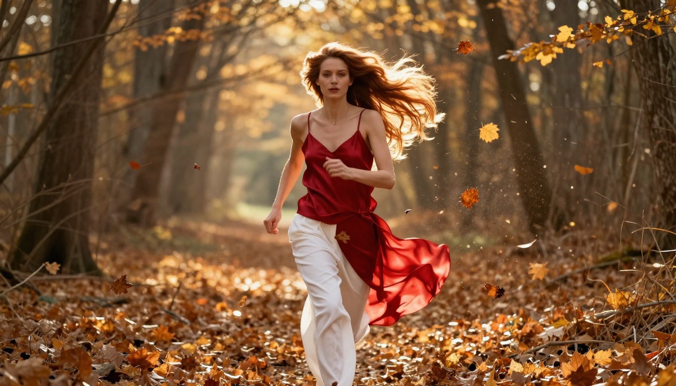 Woman with auburn hair in crimson silk camisole running through sun-dappled autumn forest with gold leaf shower and god-ray light column